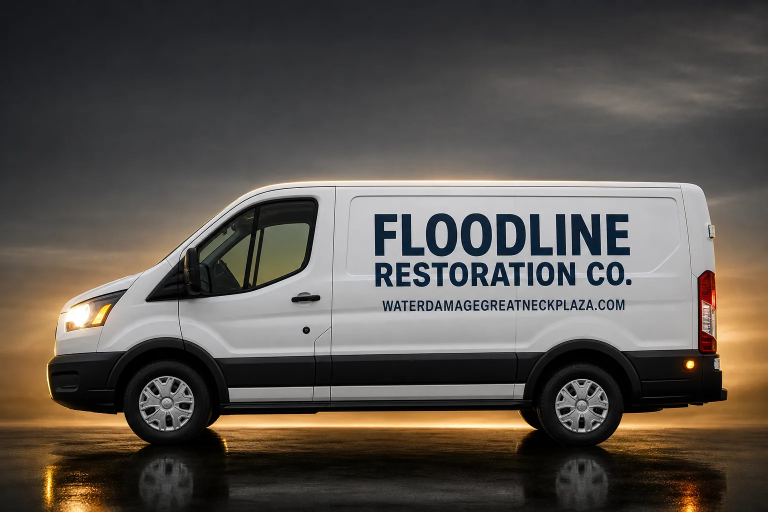 Floodline Restoration Co. damage restoration service vehicle and crew in Great Neck Plaza, NY